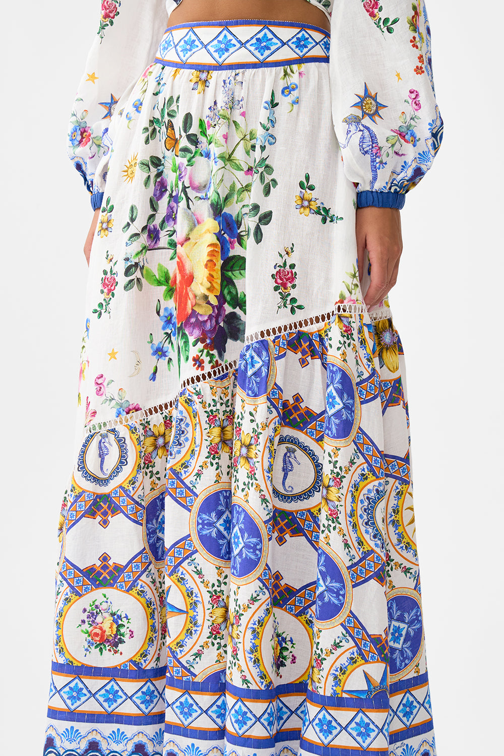 The CAMILLA Skirt With Shaped Seam in our Tiles Darls print.