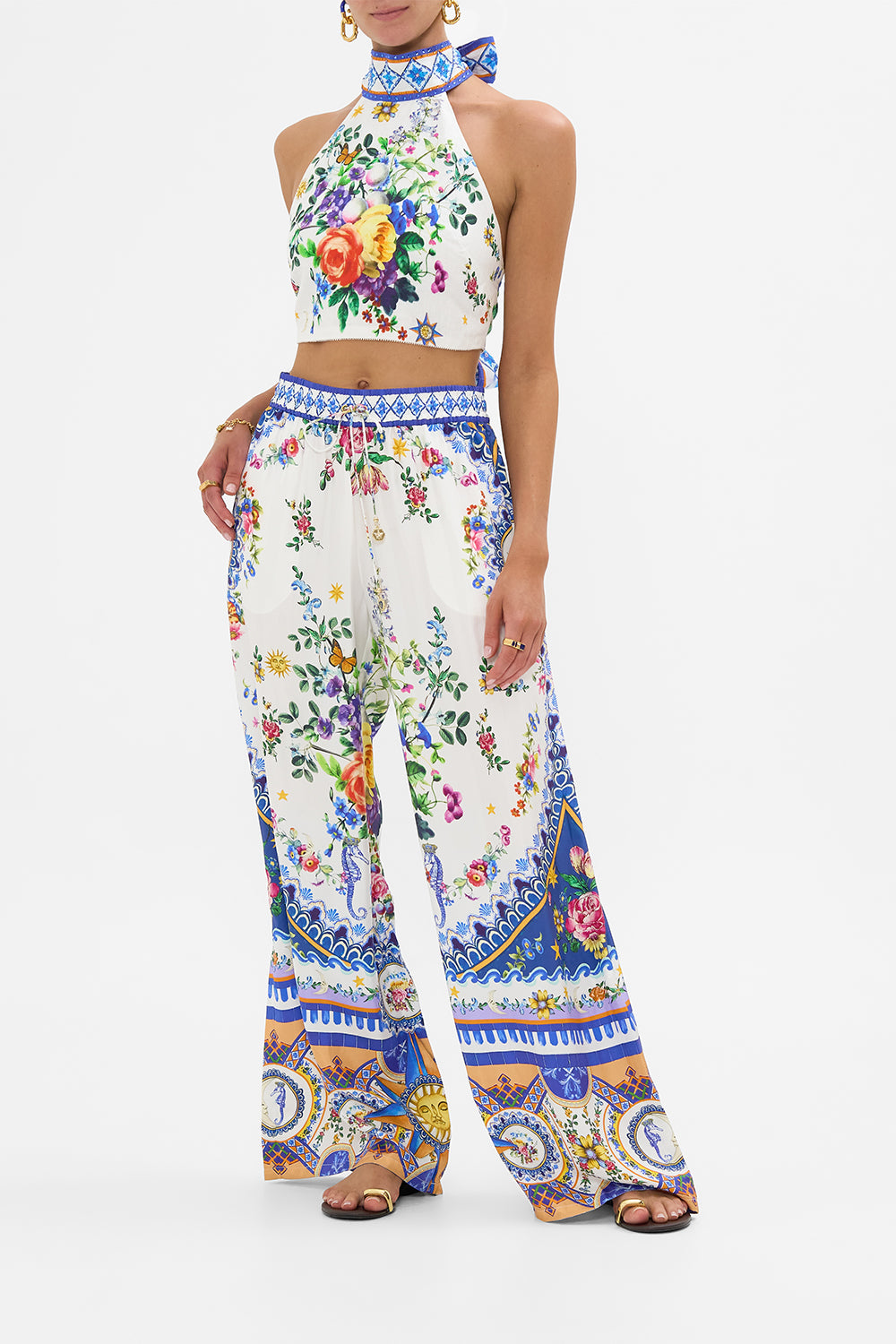 The CAMILLA Halter Tie Back Top in our Tiles Darls print.