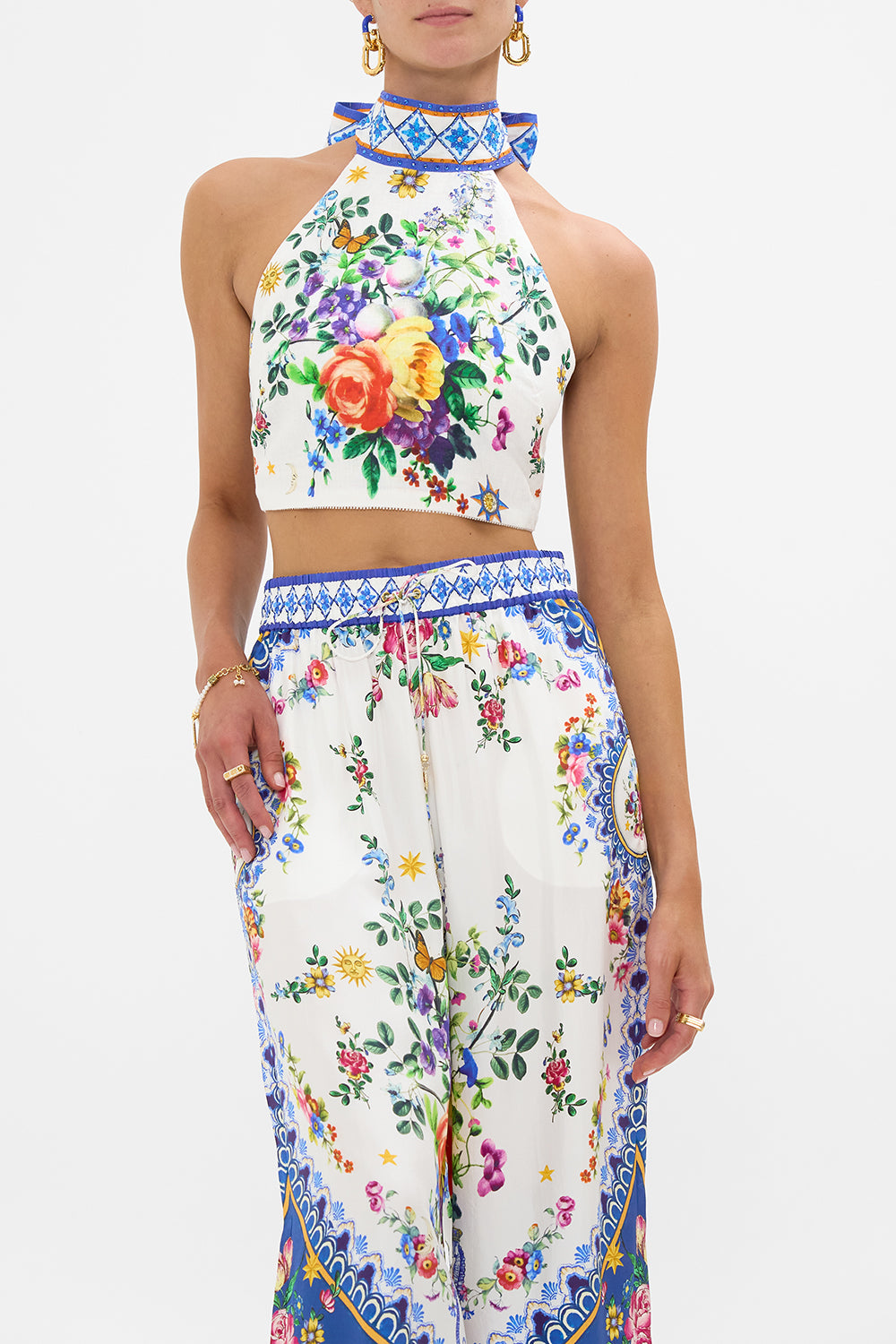 The CAMILLA Halter Tie Back Top in our Tiles Darls print.