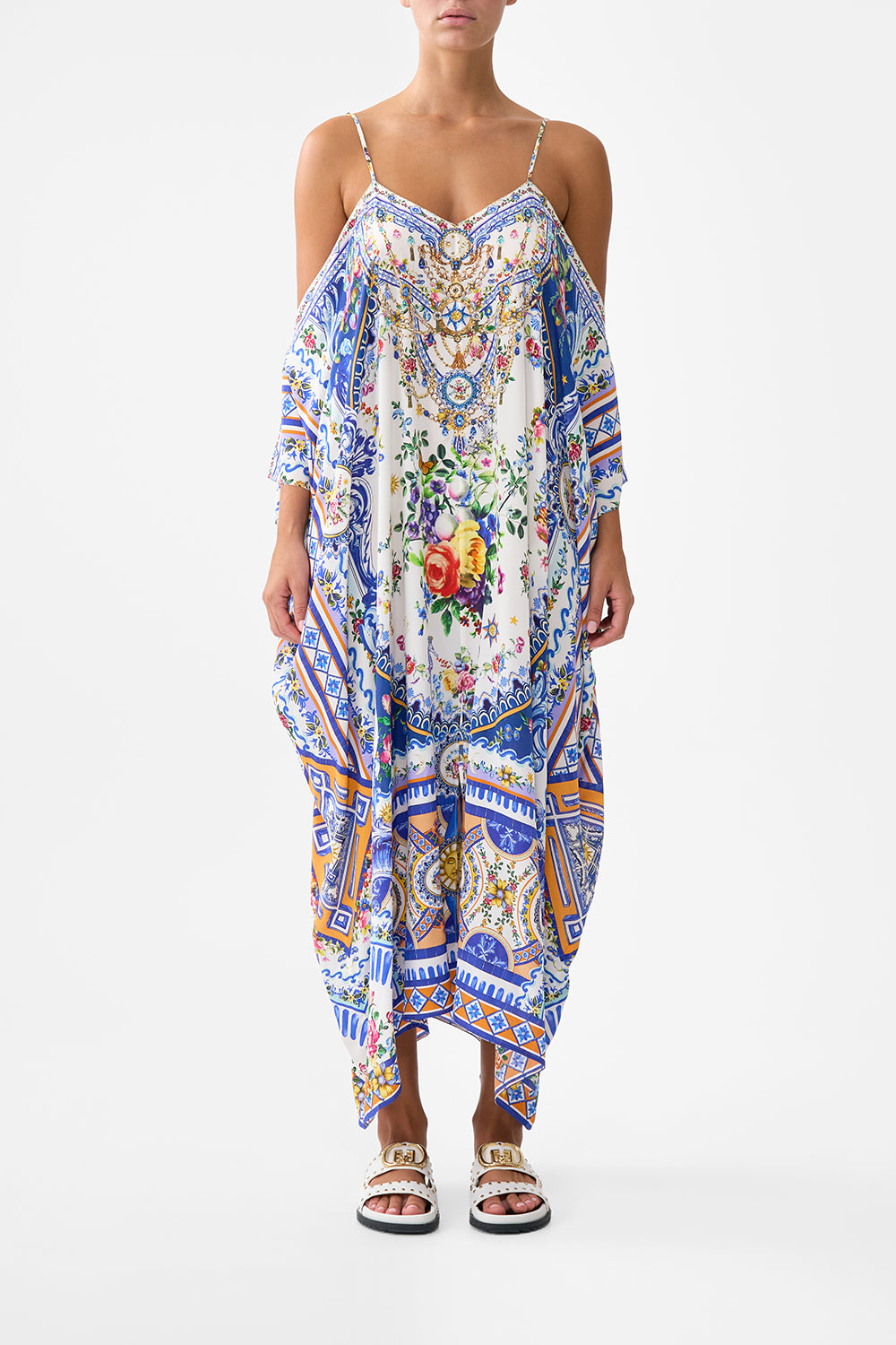 The CAMILLA Drop Shoulder Strap Kaftan in our Tiles Darls print.