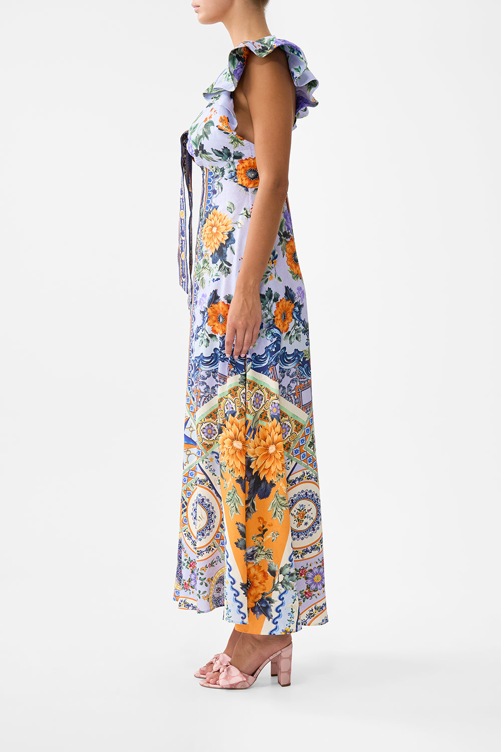 The CAMILLA Tie Front Frill Sleeve Long Dress in our Luscious In Lisbon print.