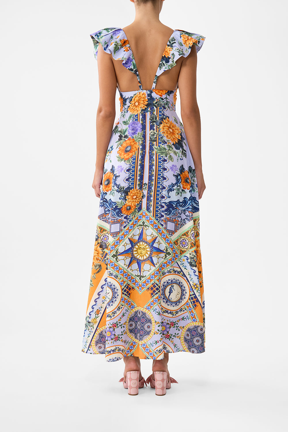 The CAMILLA Tie Front Frill Sleeve Long Dress in our Luscious In Lisbon print.