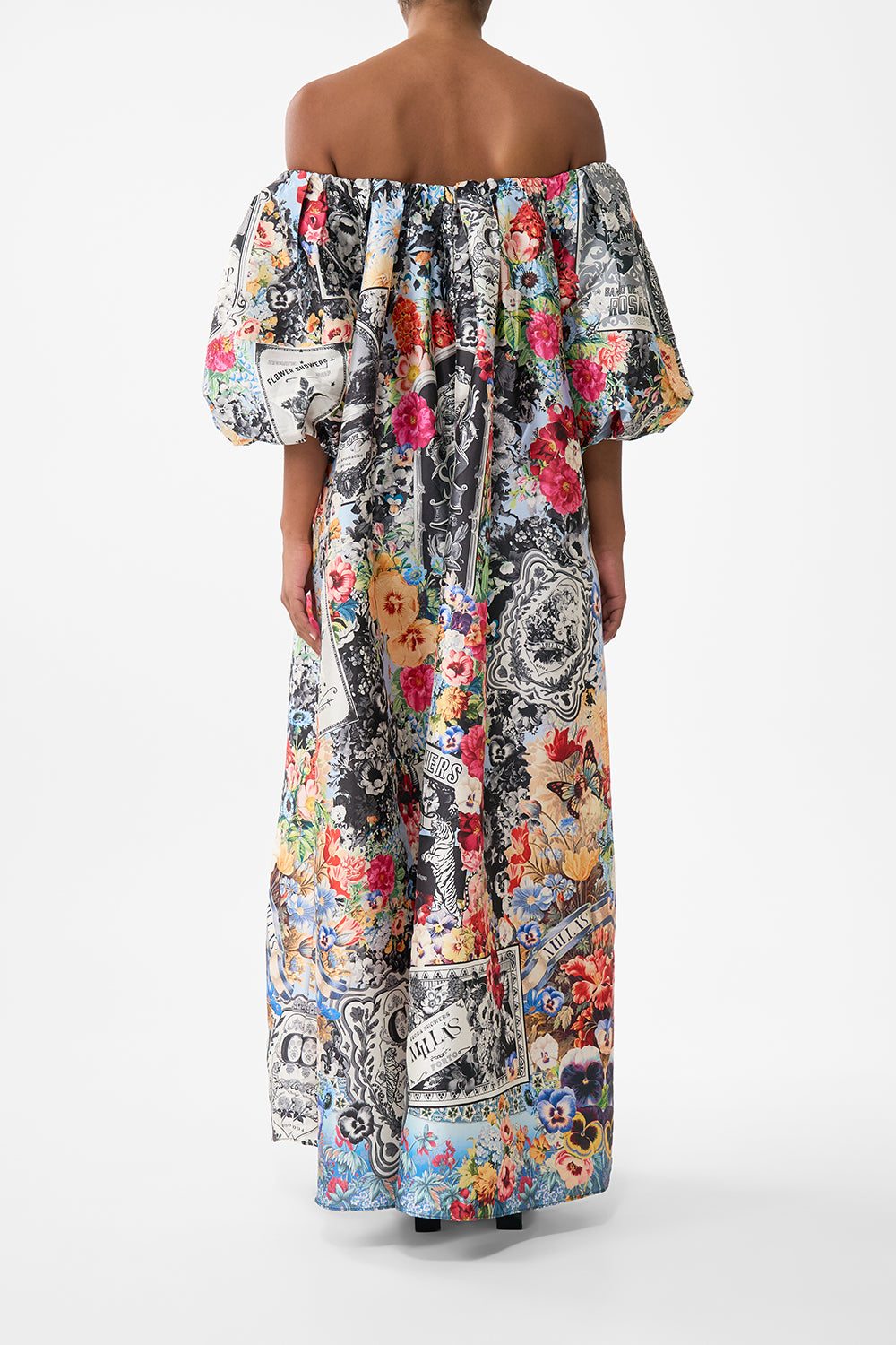 The CAMILLA Off Shoulder Long Puff Dress in our Flower Showers print.