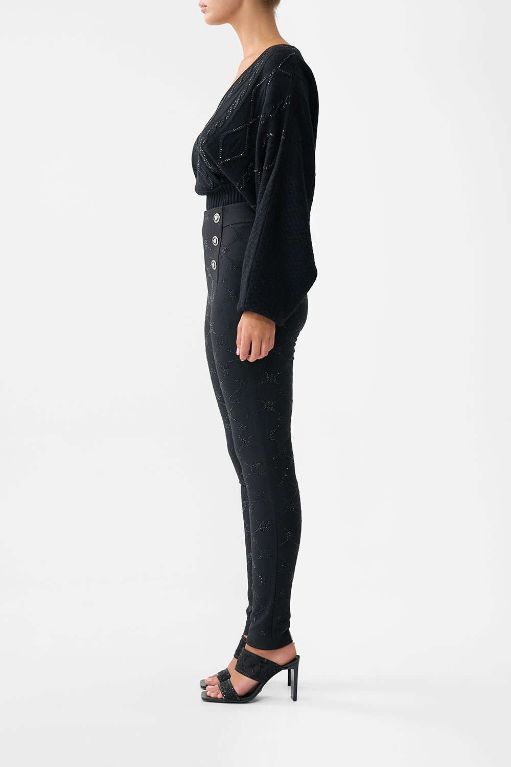 The CAMILLA Button Embellished Ponte Pant in our Solid Black print.