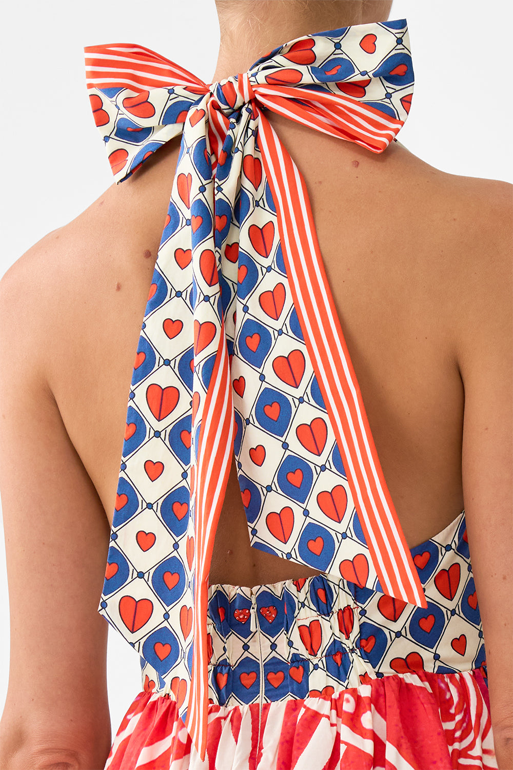 The CAMILLA Ruffle Hem Halter Dress in our Rinse & Roar print.