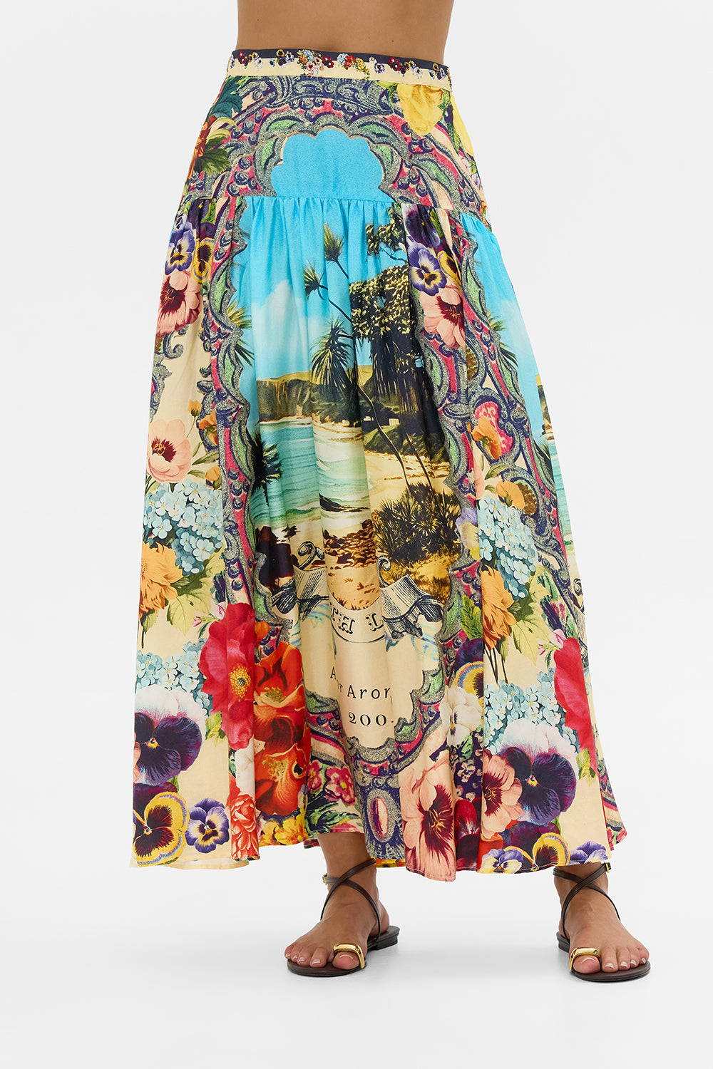 The CAMILLA Fitted Waist Gathered Skirt in our Bathing Bombshell print.