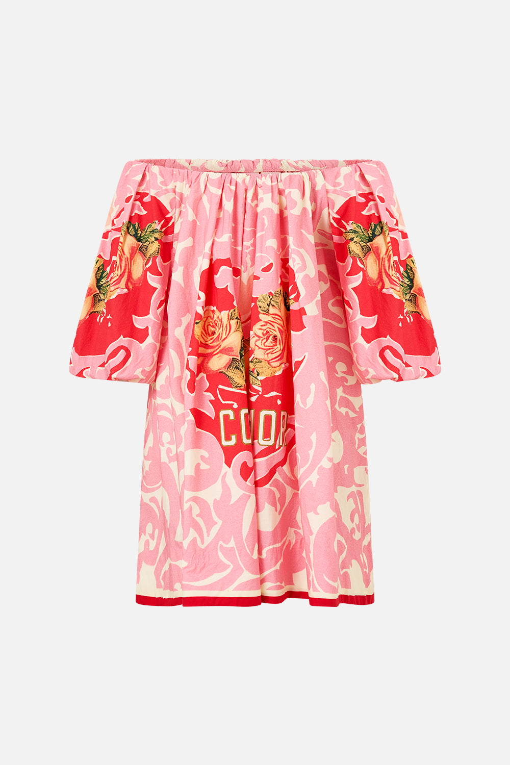 The CAMILLA Off Shoulder Puff Dress in our Pink Porto print.