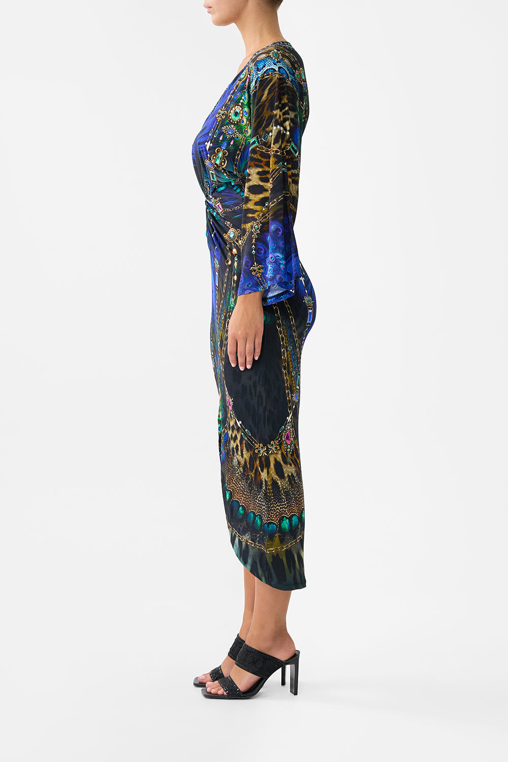 The CAMILLA Long Split Front Twist Dress in our Dominican Decadence print.