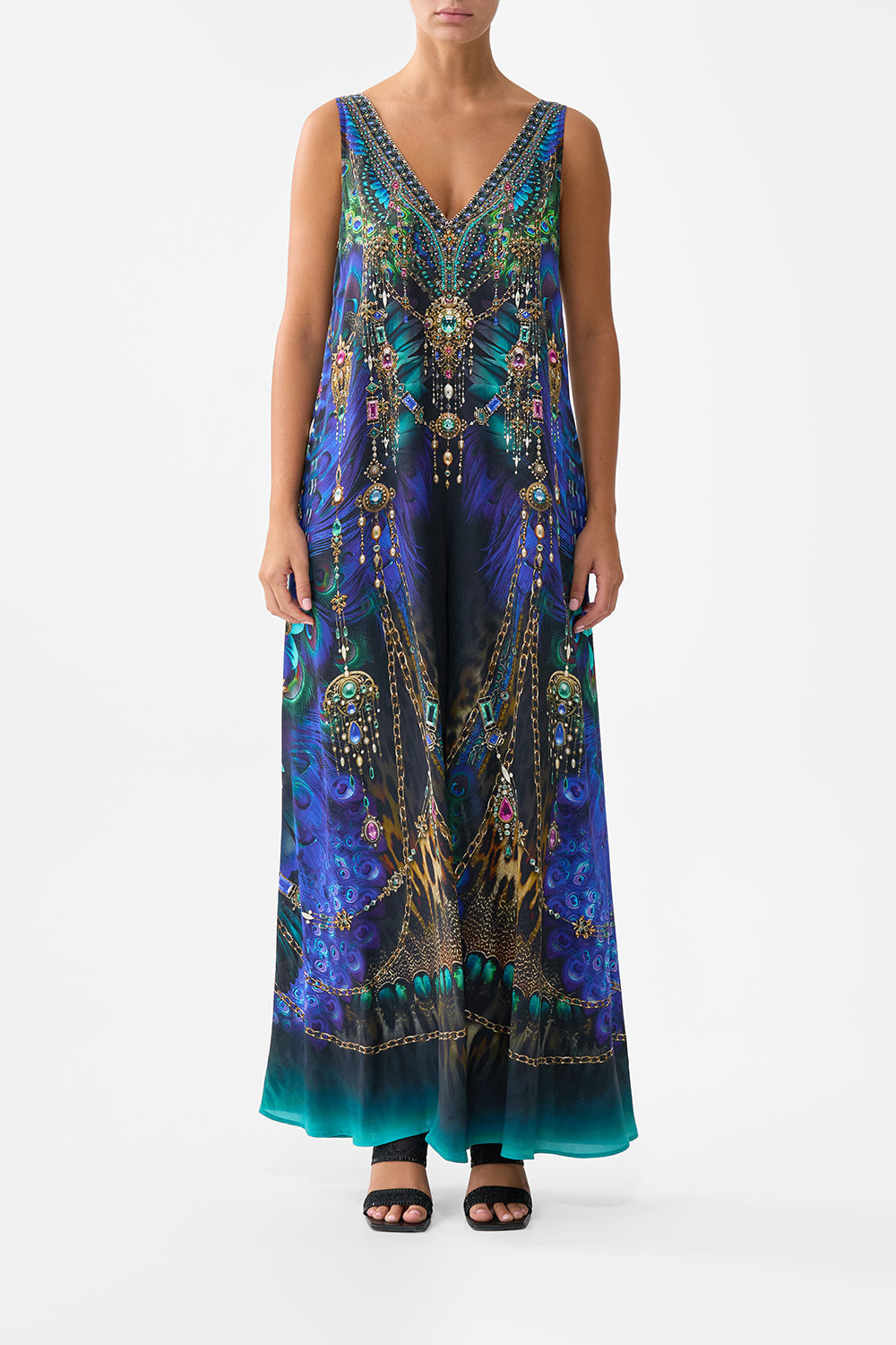 The CAMILLA V Neck Flared Jumpsuit in our Dominican Decadence print.