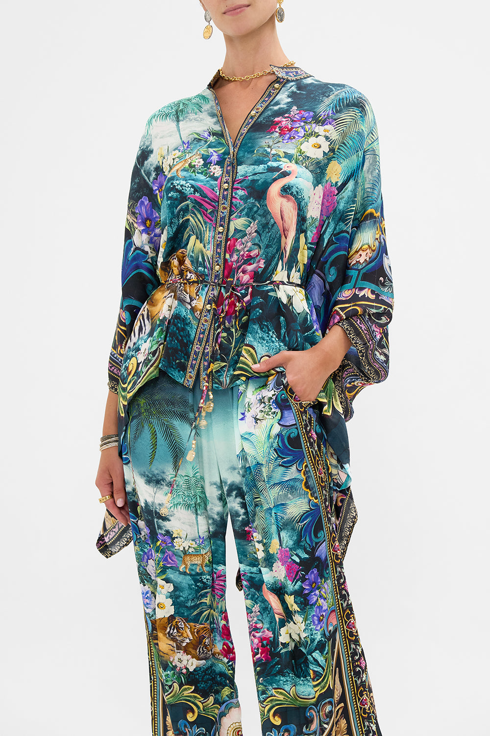 The CAMILLA Button Through Scarf Blouse in our Basked In Baroque print.