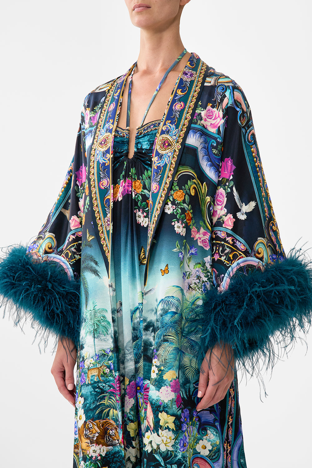 The CAMILLA Long Robe With Narrow Collar And Feathers in our Basked In Baroque print.