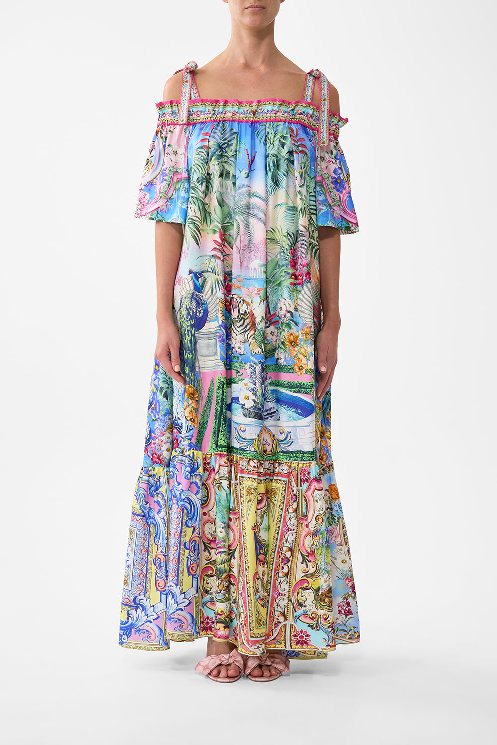 The CAMILLA Long Off Shoulder Frill Dress With Straps in our Spirit Of Santa Maria print.