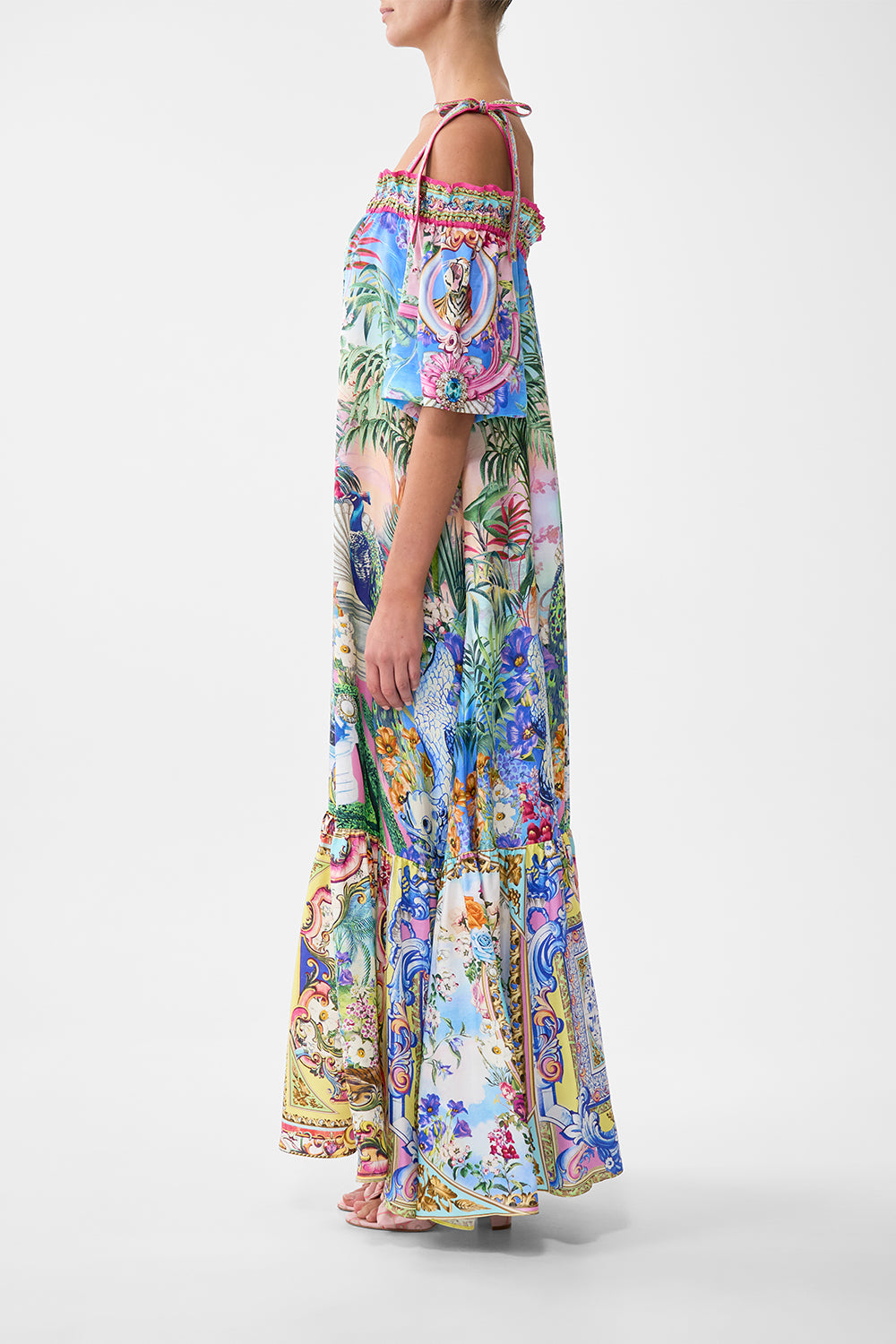 The CAMILLA Long Off Shoulder Frill Dress With Straps in our Spirit Of Santa Maria print.