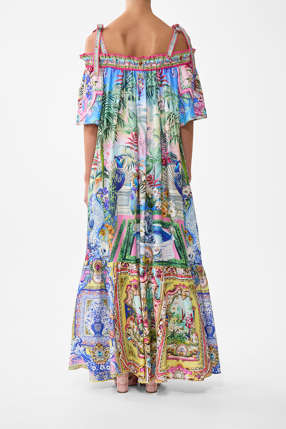 The CAMILLA Long Off Shoulder Frill Dress With Straps in our Spirit Of Santa Maria print.
