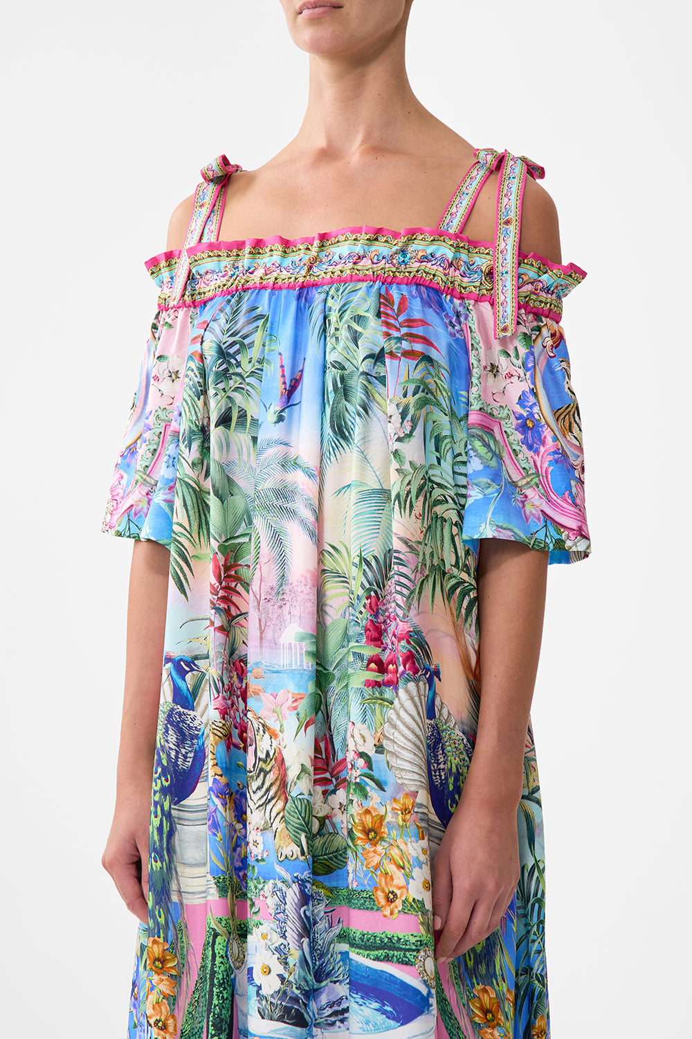 The CAMILLA Long Off Shoulder Frill Dress With Straps in our Spirit Of Santa Maria print.