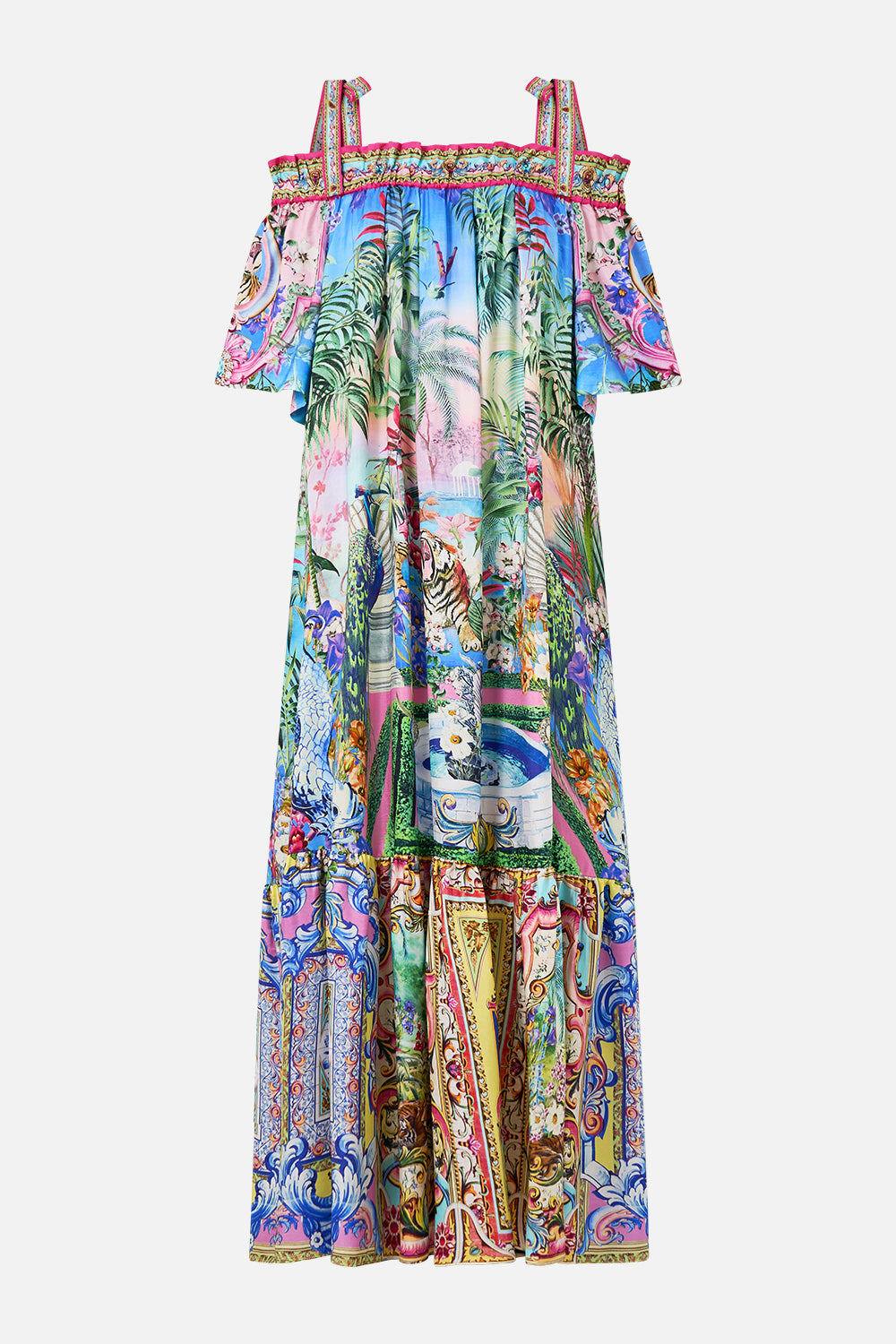 The CAMILLA Long Off Shoulder Frill Dress With Straps in our Spirit Of Santa Maria print.