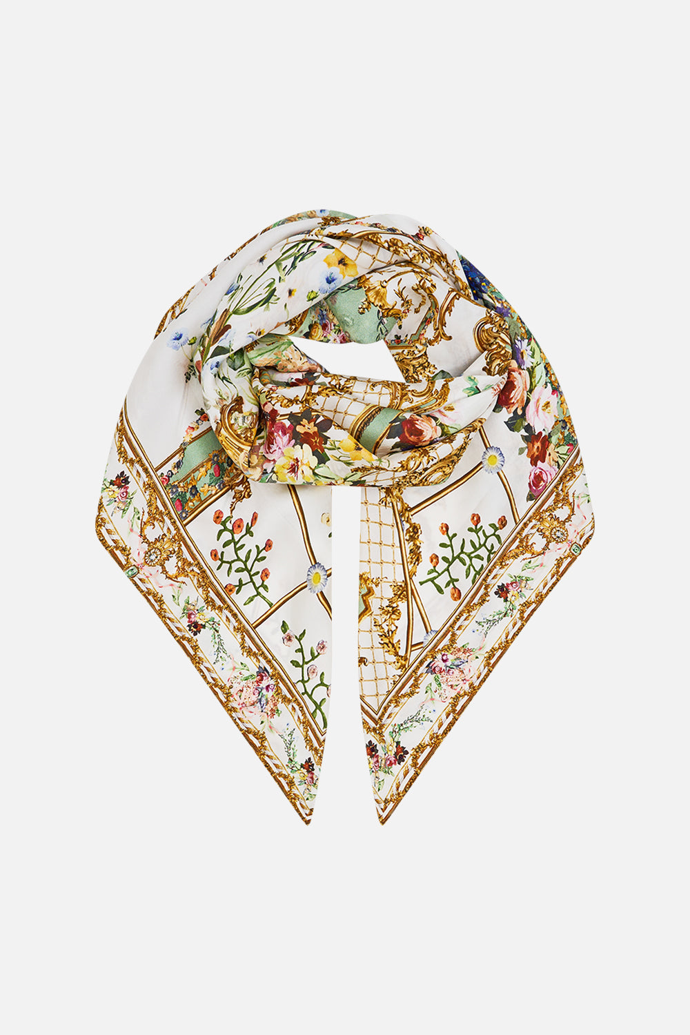 The CAMILLA Large Crystalled Silk Square Scarf in our Dressing Room Drama print.