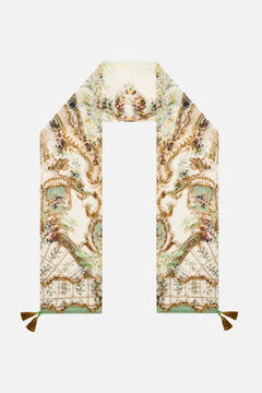 The CAMILLA Long Silk Crinkle Chiffon Scarf in our Dressing Room Drama print.