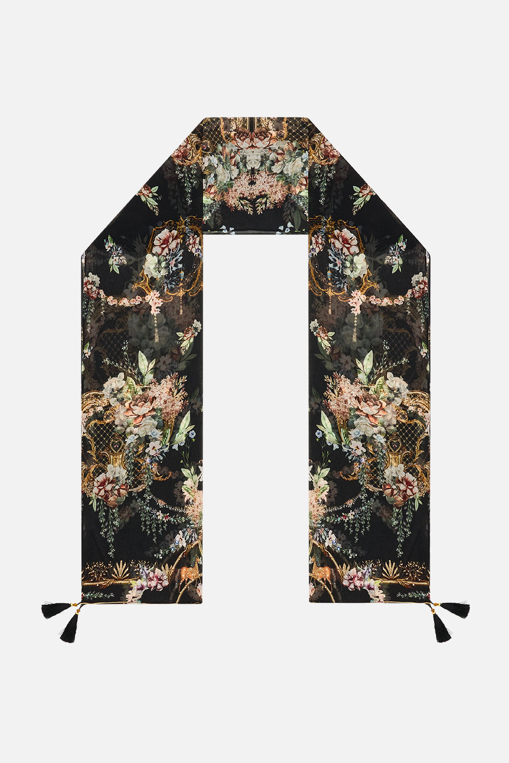 The CAMILLA Long Silk Crinkle Chiffon Scarf in our Noble Endeavours print.