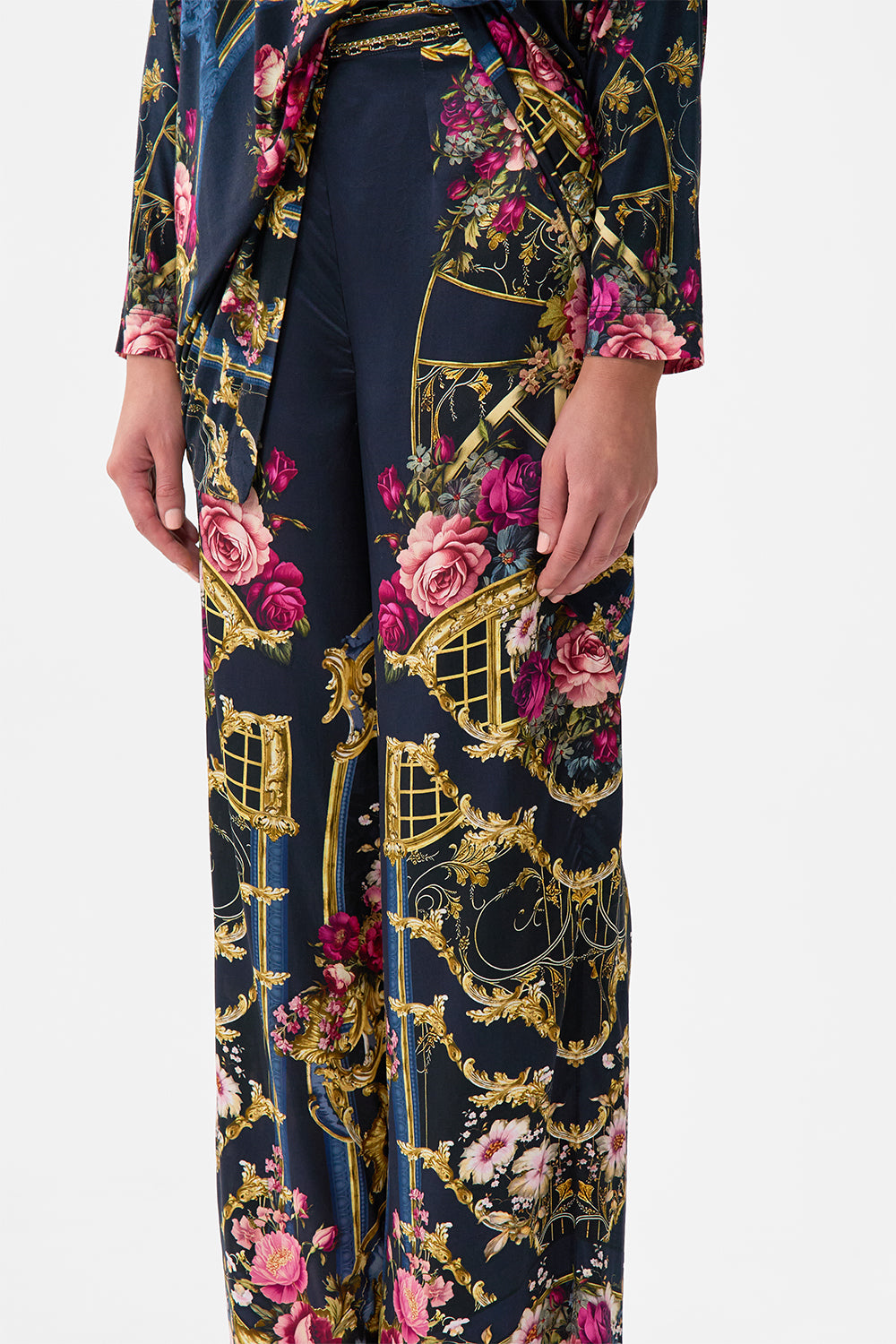 The CAMILLA Minimal Wide Leg Pant in our Ornate On A Plate print.