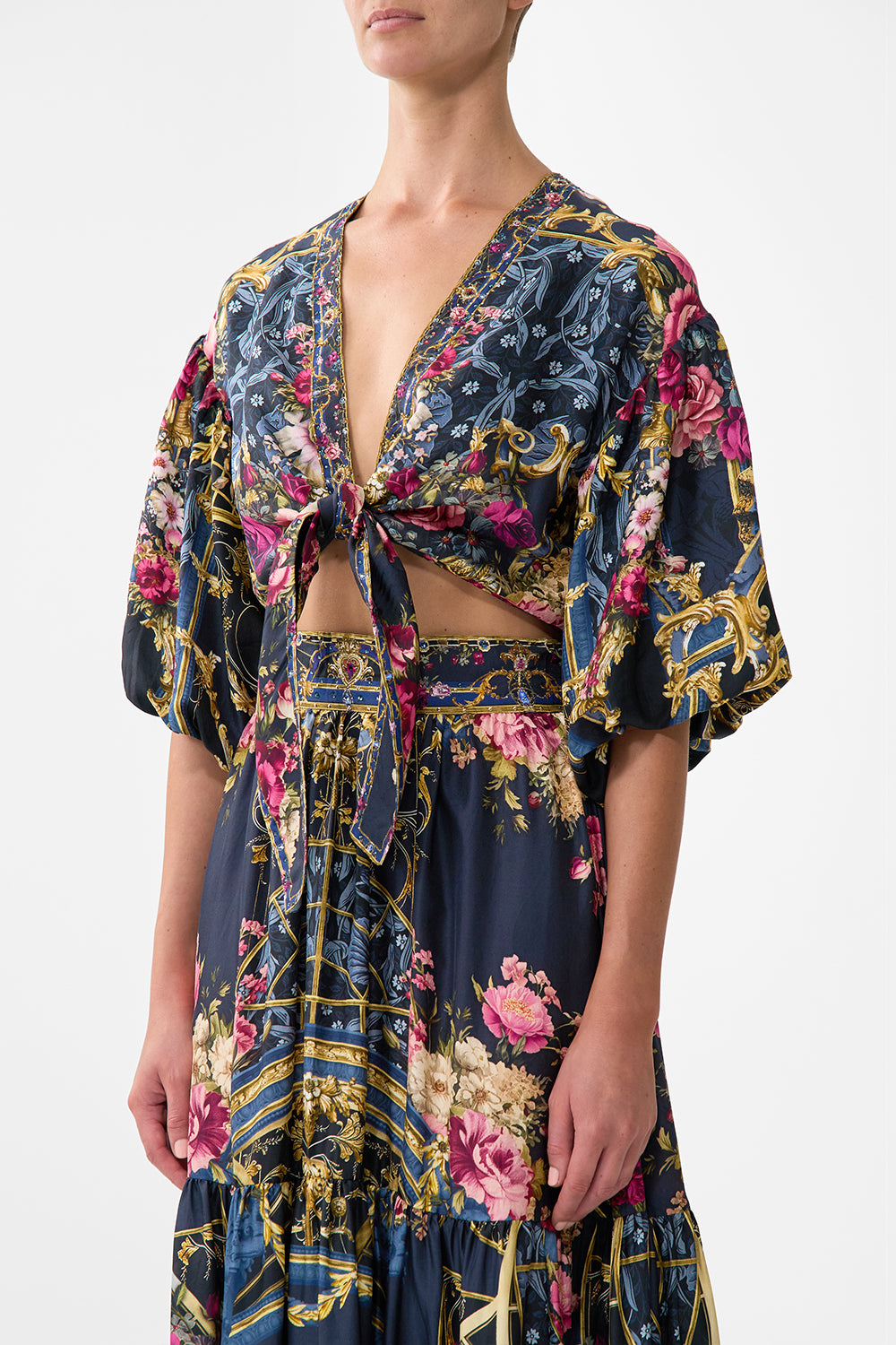 The CAMILLA Tie Front Puff Sleeve Top in our Ornate On A Plate print.