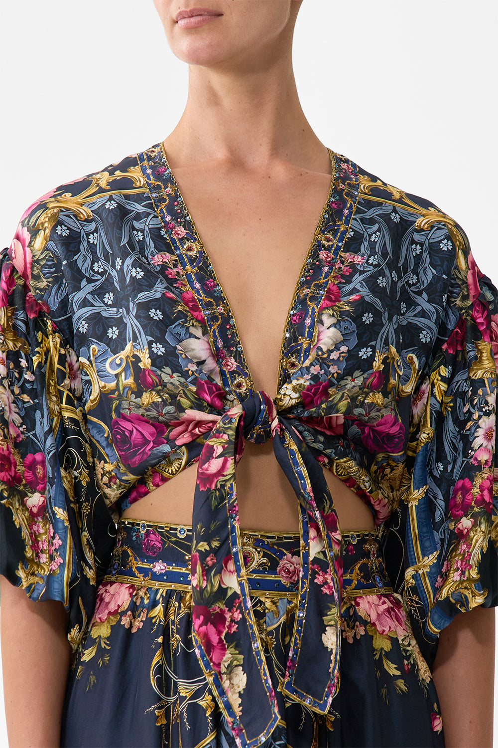 The CAMILLA Tie Front Puff Sleeve Top in our Ornate On A Plate print.