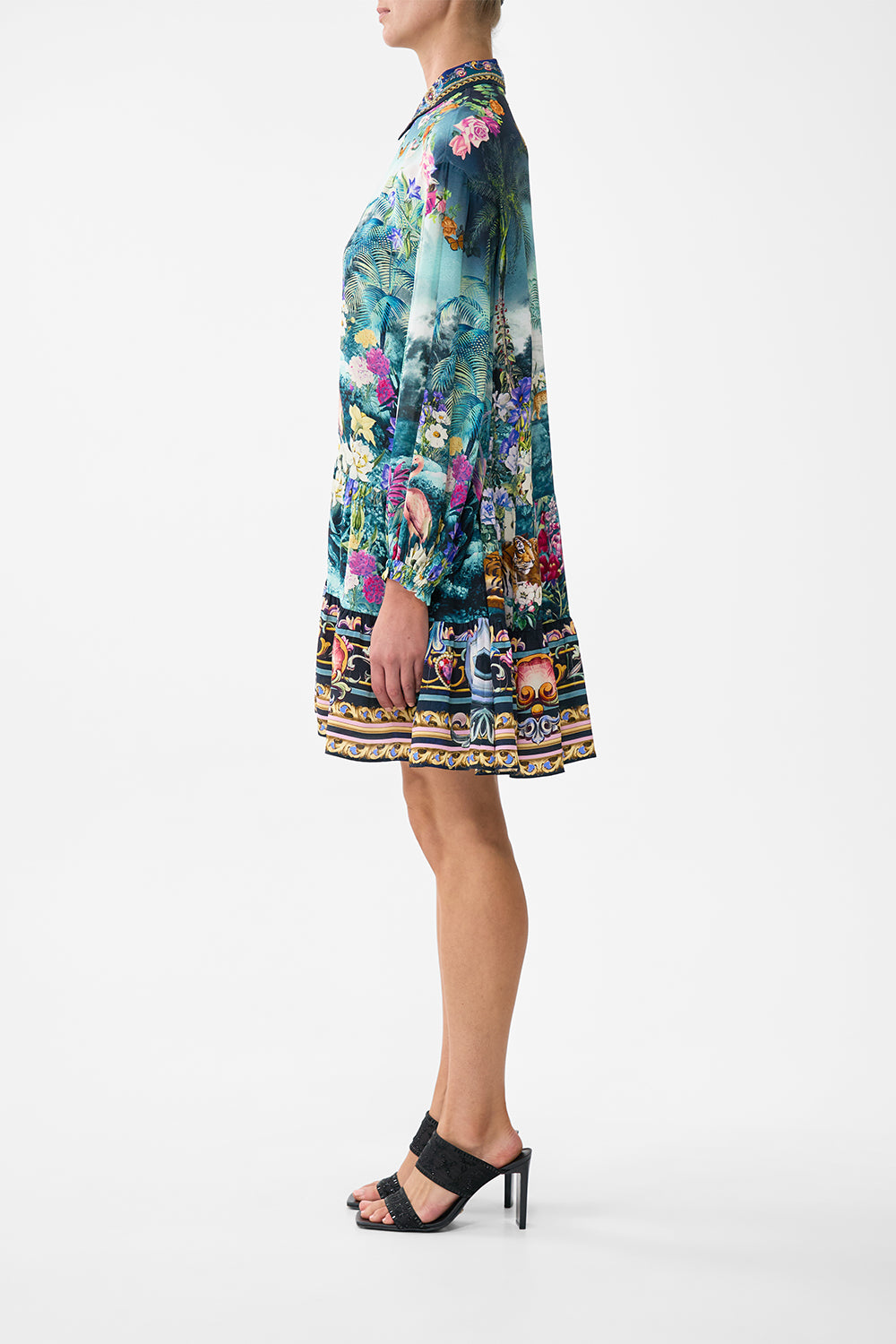 The CAMILLA Long Sleeve Tiered Short Dress in our Basked In Baroque print.