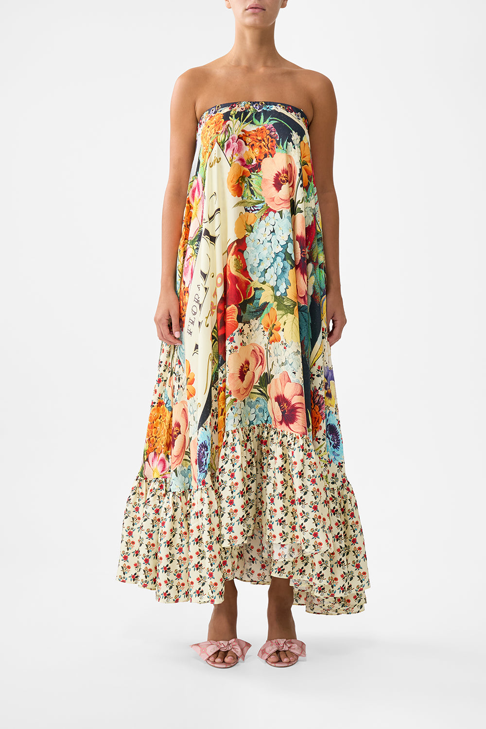 The CAMILLA Strapless Maxi With Ruffle Hem in our Aromatic Amor print.