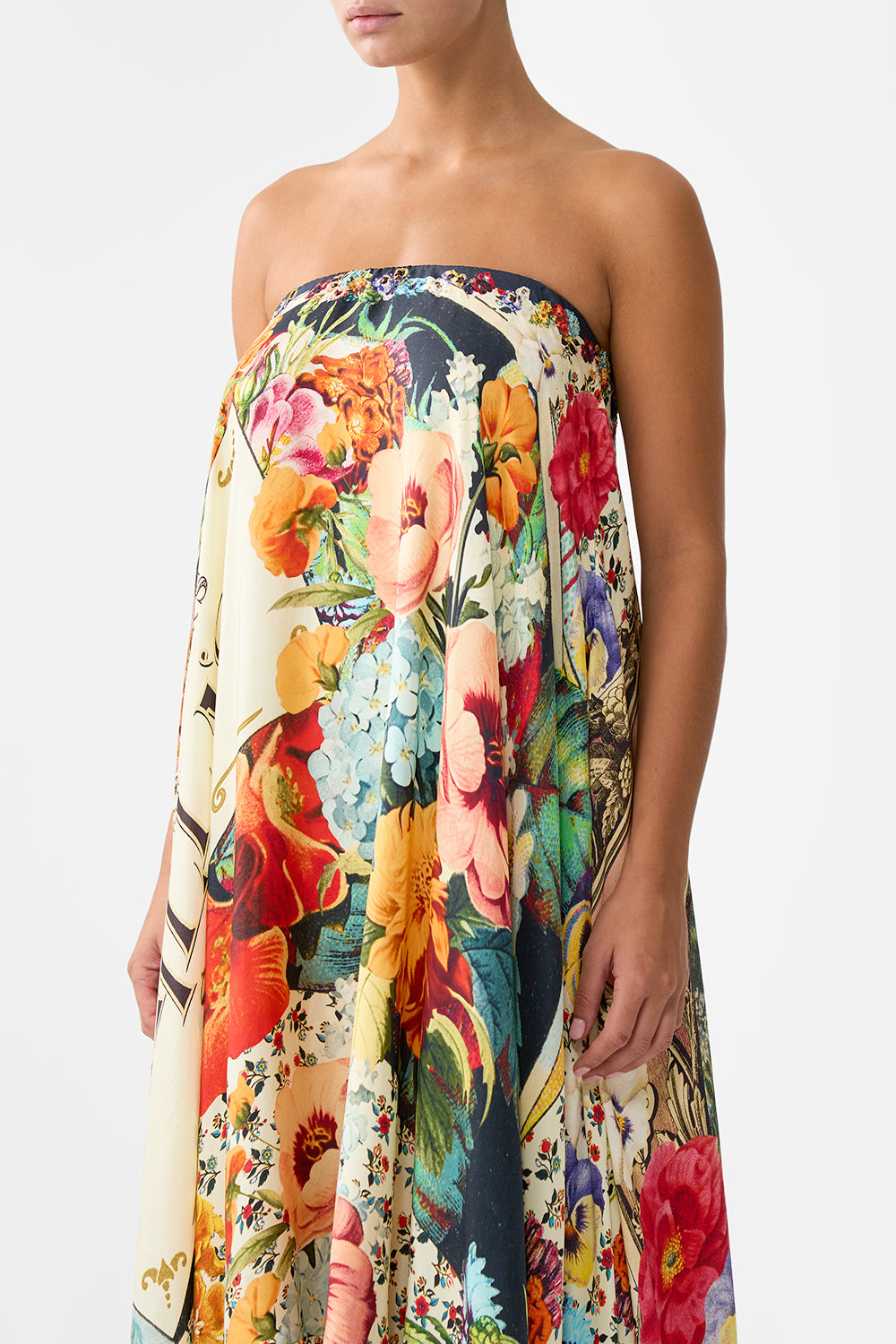 The CAMILLA Strapless Maxi With Ruffle Hem in our Aromatic Amor print.