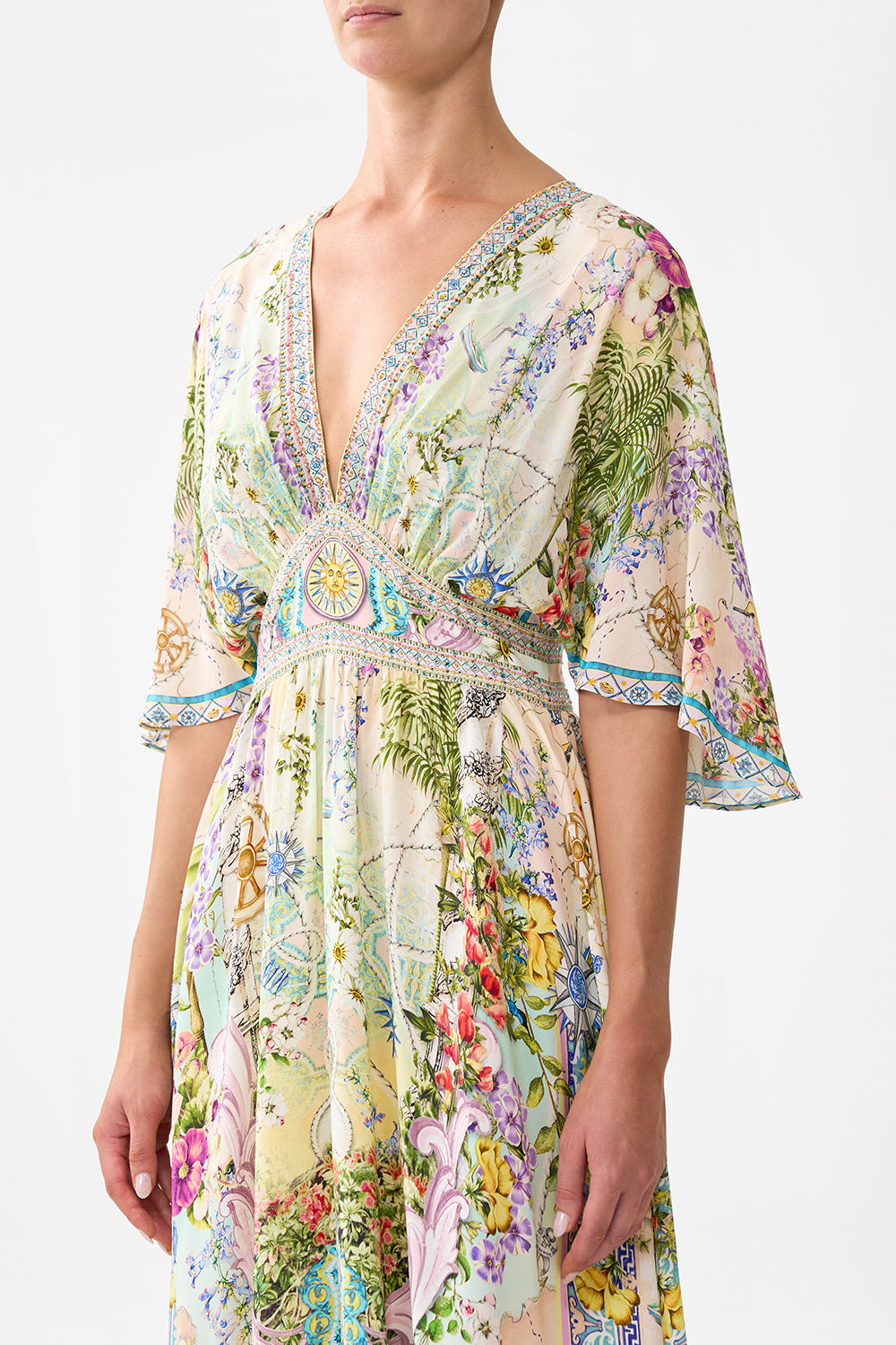 The CAMILLA Waisted Dress With Hem Ruffle in our Just Coasting print.