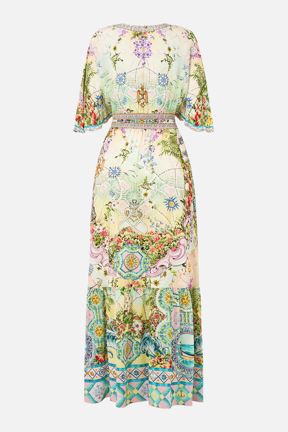 The CAMILLA Waisted Dress With Hem Ruffle in our Just Coasting print.