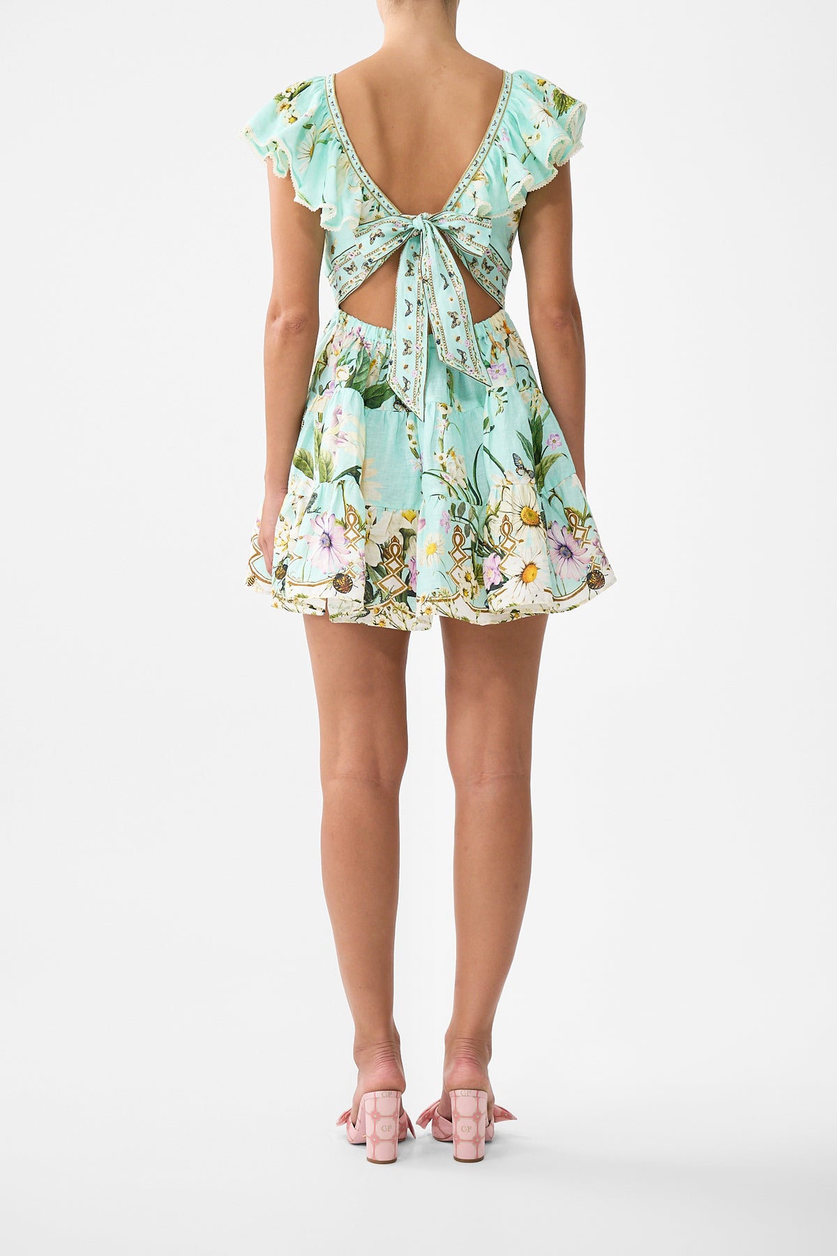 The CAMILLA Tiered Short Dress With Neck Frill in our Floral Freefall print.