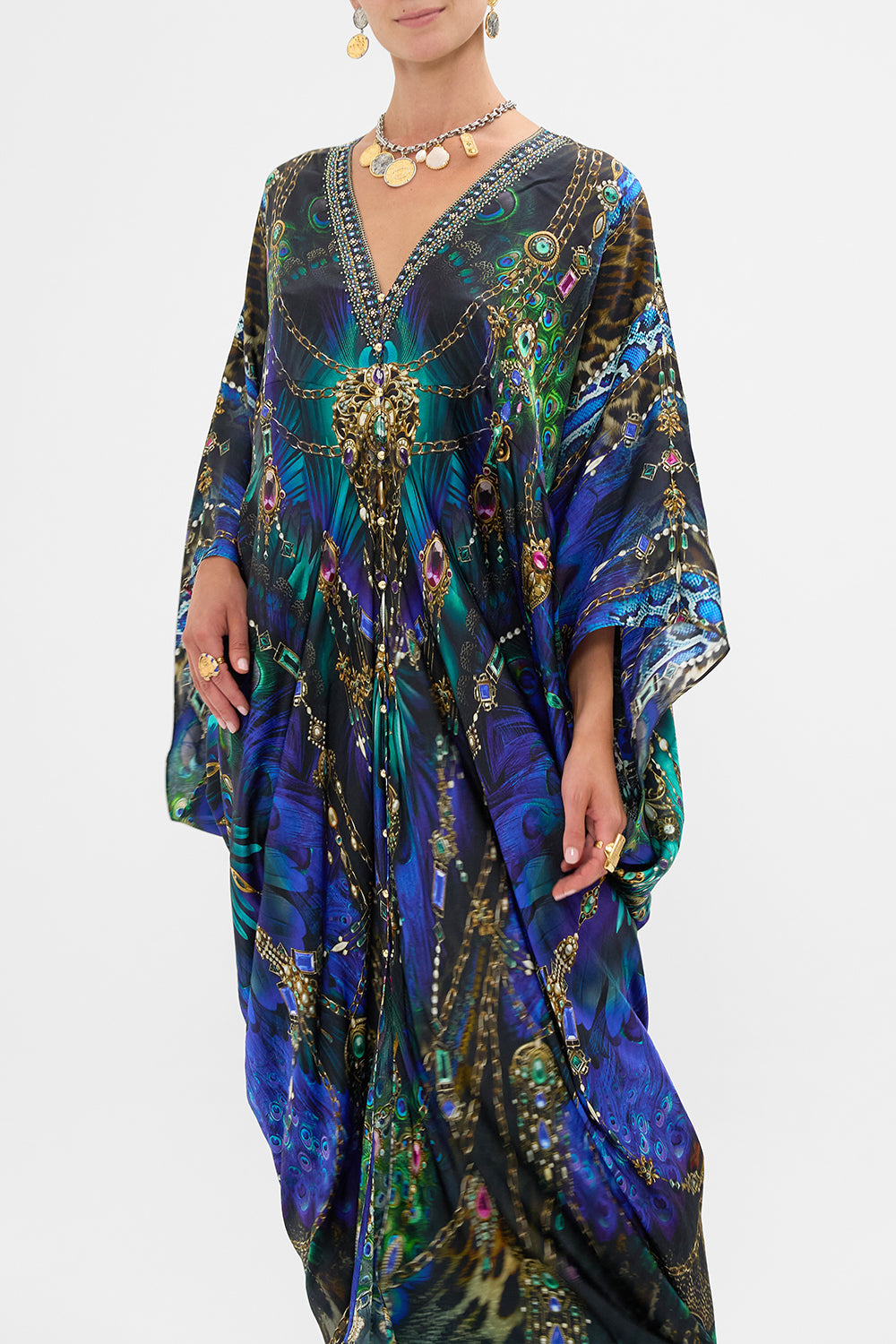 The CAMILLA Button Front T-Shape Kaftan in our Dominican Decadence print.