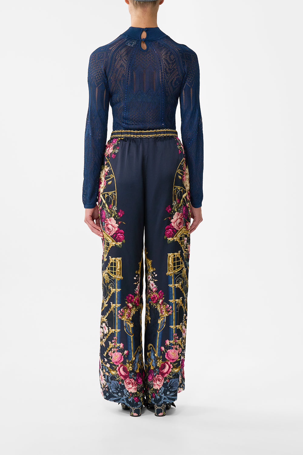 The CAMILLA Panelled Pointelle Knit Top in our Ornate On A Plate print.