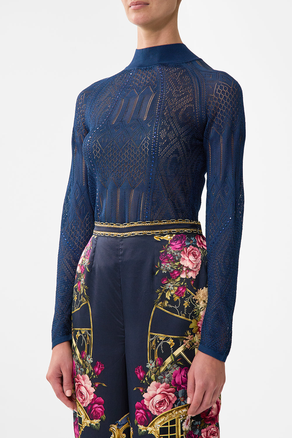 The CAMILLA Panelled Pointelle Knit Top in our Ornate On A Plate print.
