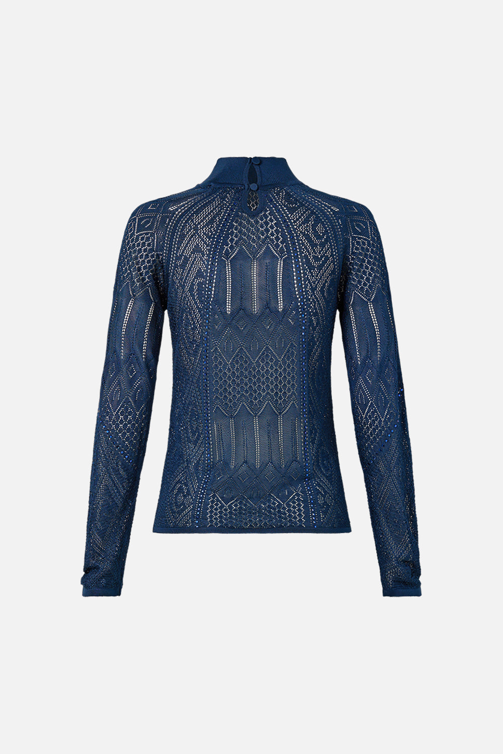 The CAMILLA Panelled Pointelle Knit Top in our Ornate On A Plate print.