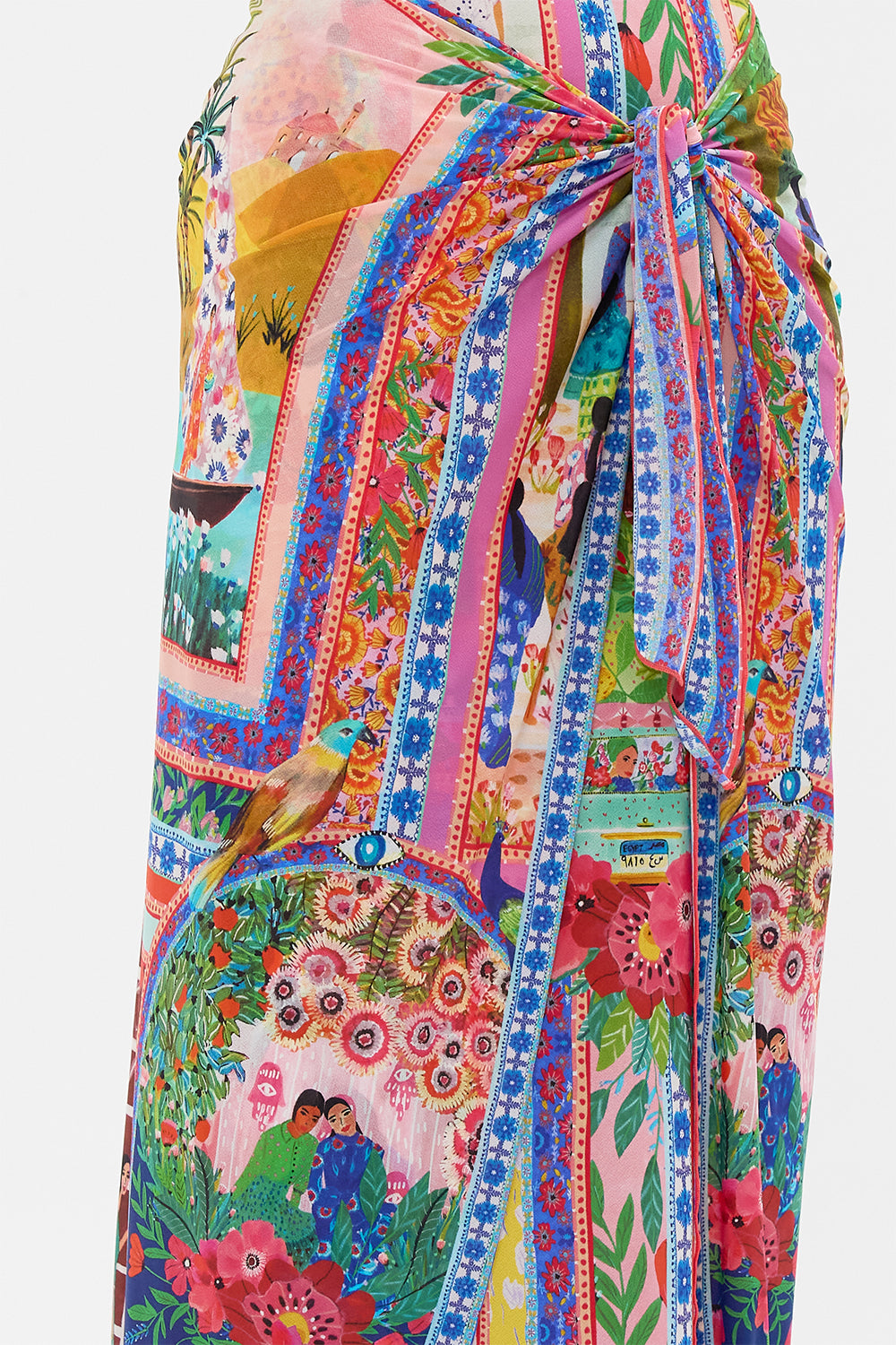 CAMILLA in Layered Long Sarong With Front Tie in Roeqiyas Realm print. 