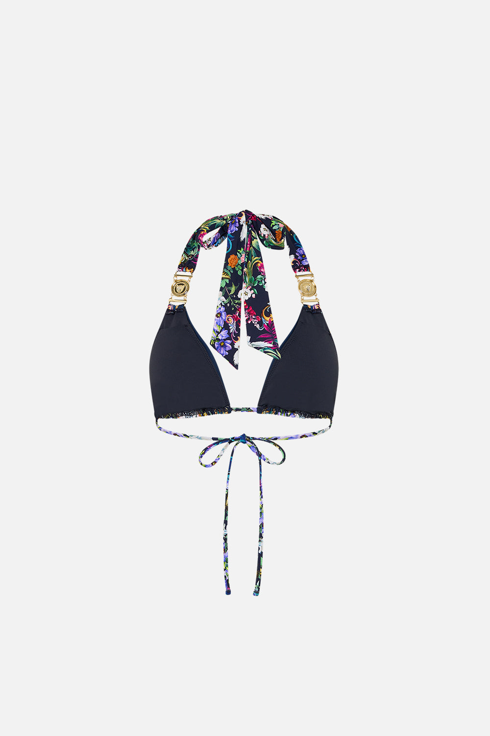 The CAMILLA Strap Trim Bikini Top With Thick Neck Tie in our Basked In Baroque print.