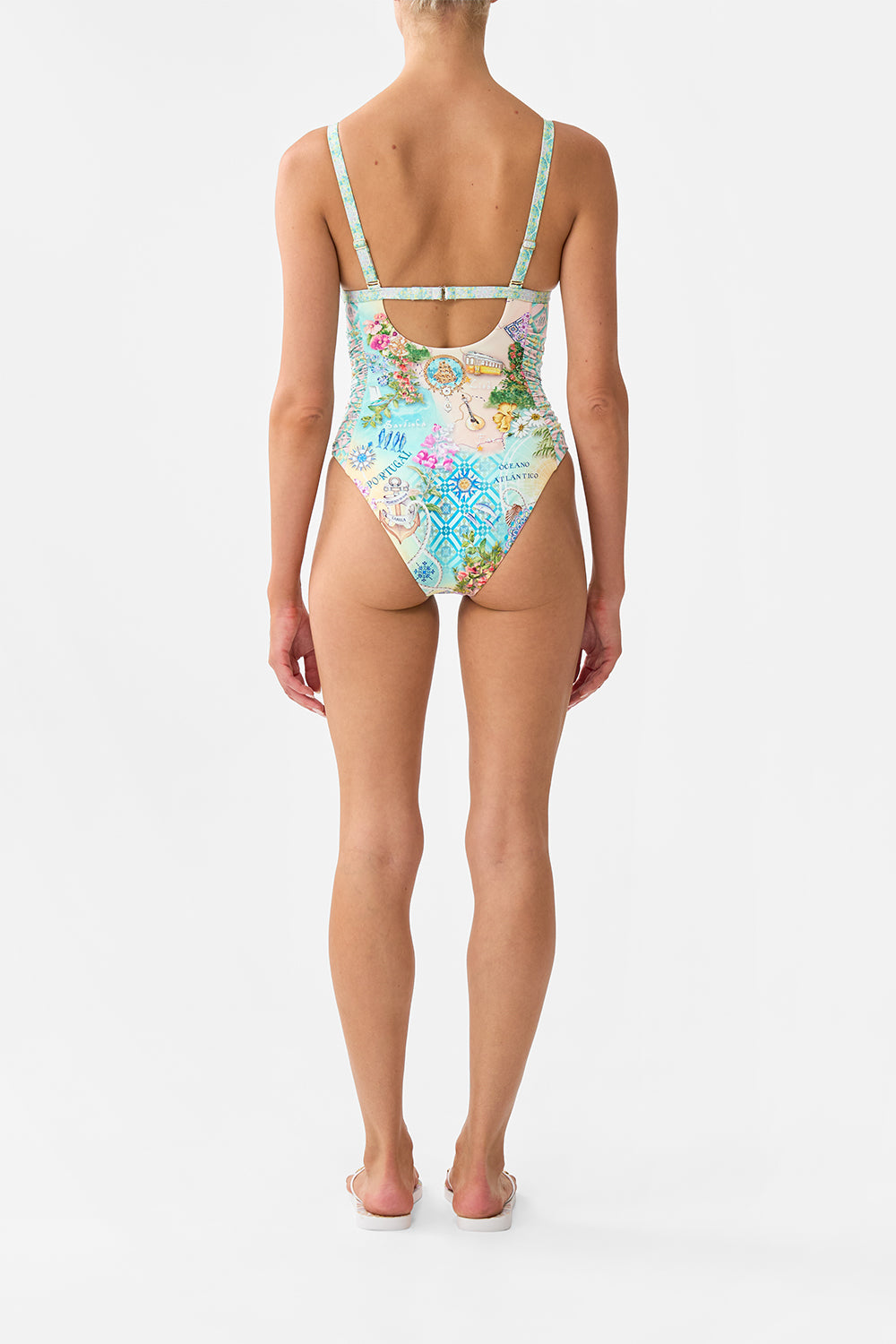 The CAMILLA Ruched Panelled Tri One Piece W Knot Front in our Just Coasting print.