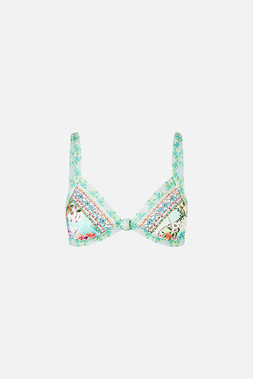 The CAMILLA Tri Bikini Top With Knot Front in our Just Coasting print.