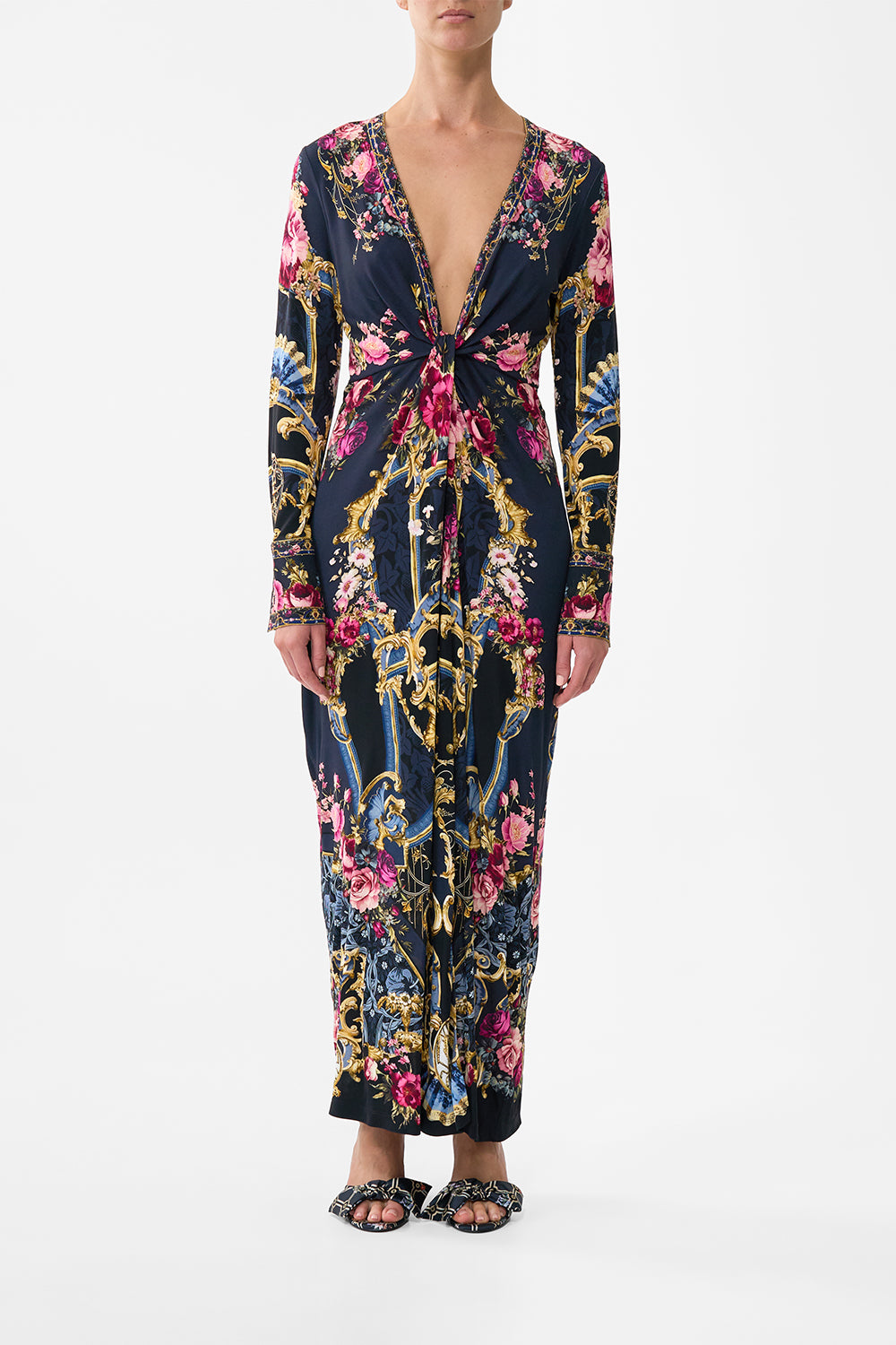 The CAMILLA Long V Neck Twist Front Jersey Dress in our Ornate On A Plate print.