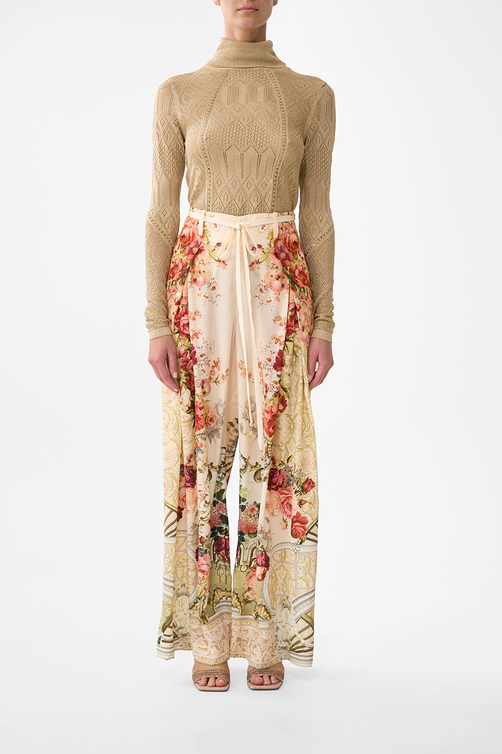 The CAMILLA Fitted Pointelle Turtle Neck Knit in our Ornate On A Plate print.