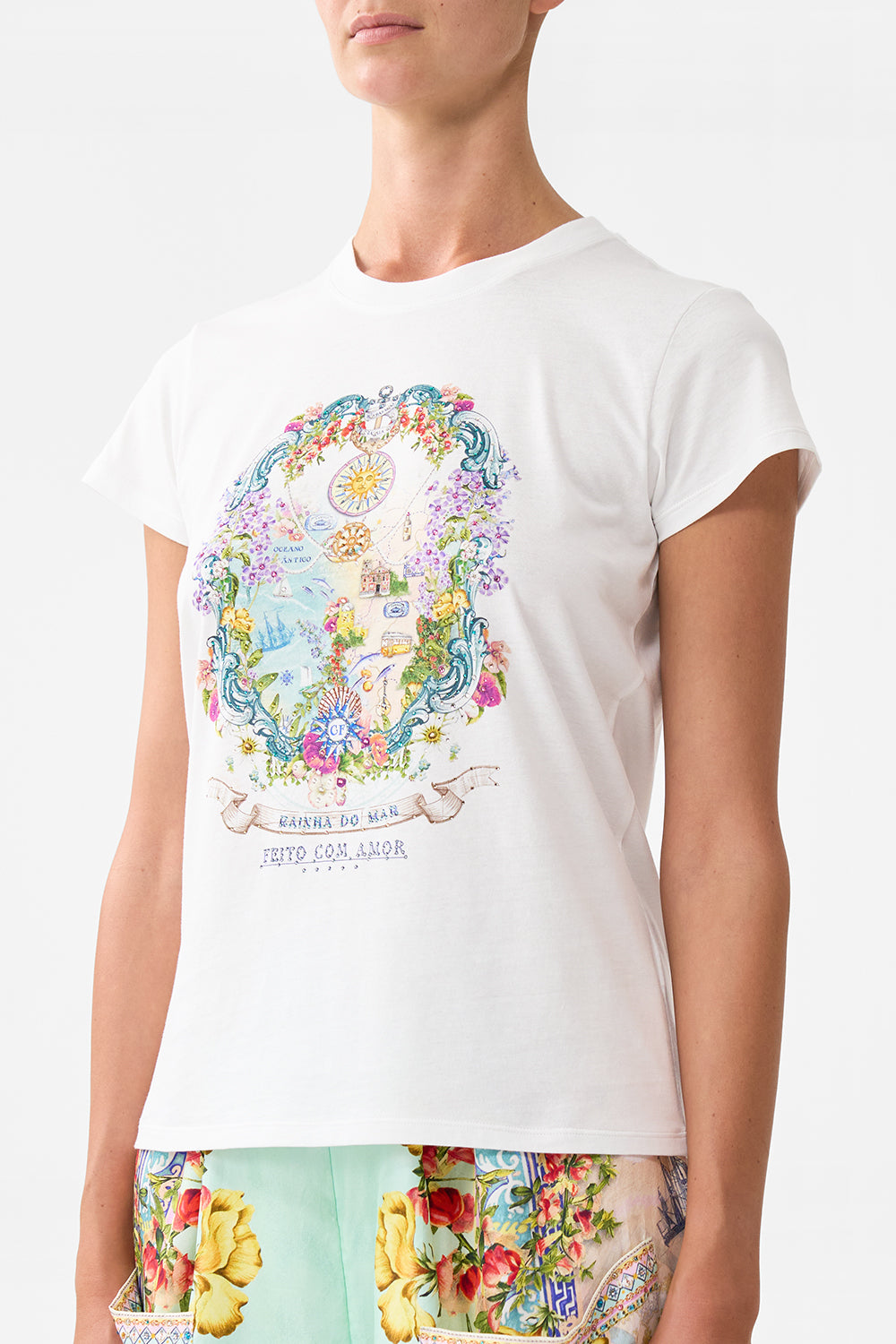 The CAMILLA Slim Fit Round Neck T-Shirt - White in our Just Coasting print.