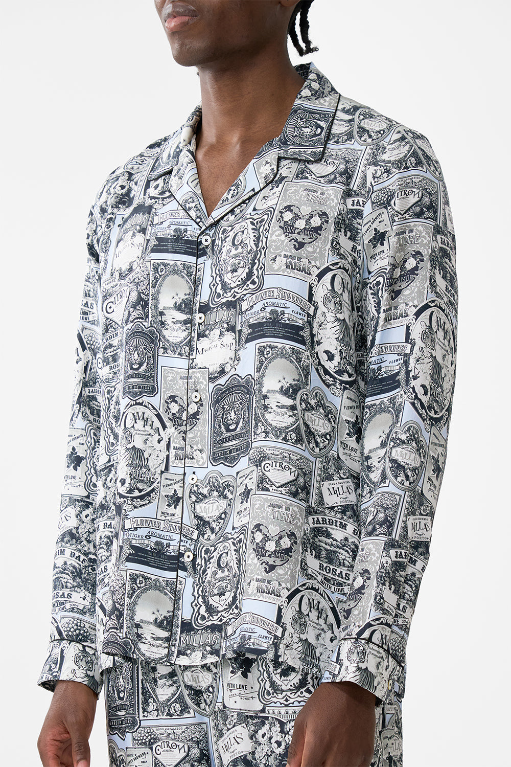 The CAMILLA Long Sleeve Camp Collared Shirt in our Flower Showers print.