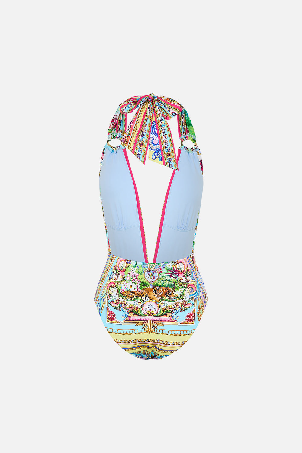 The CAMILLA Plunge Backless Halter One Piece W Ring Ties in our Spirit Of Santa Maria print.