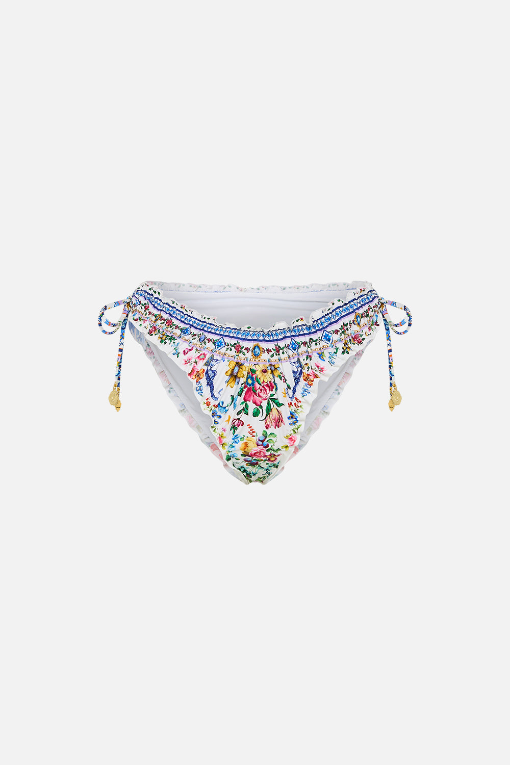 The CAMILLA Ruched Skimpy Bikini Bottom With Tie Sides in our Tiles Darls print.