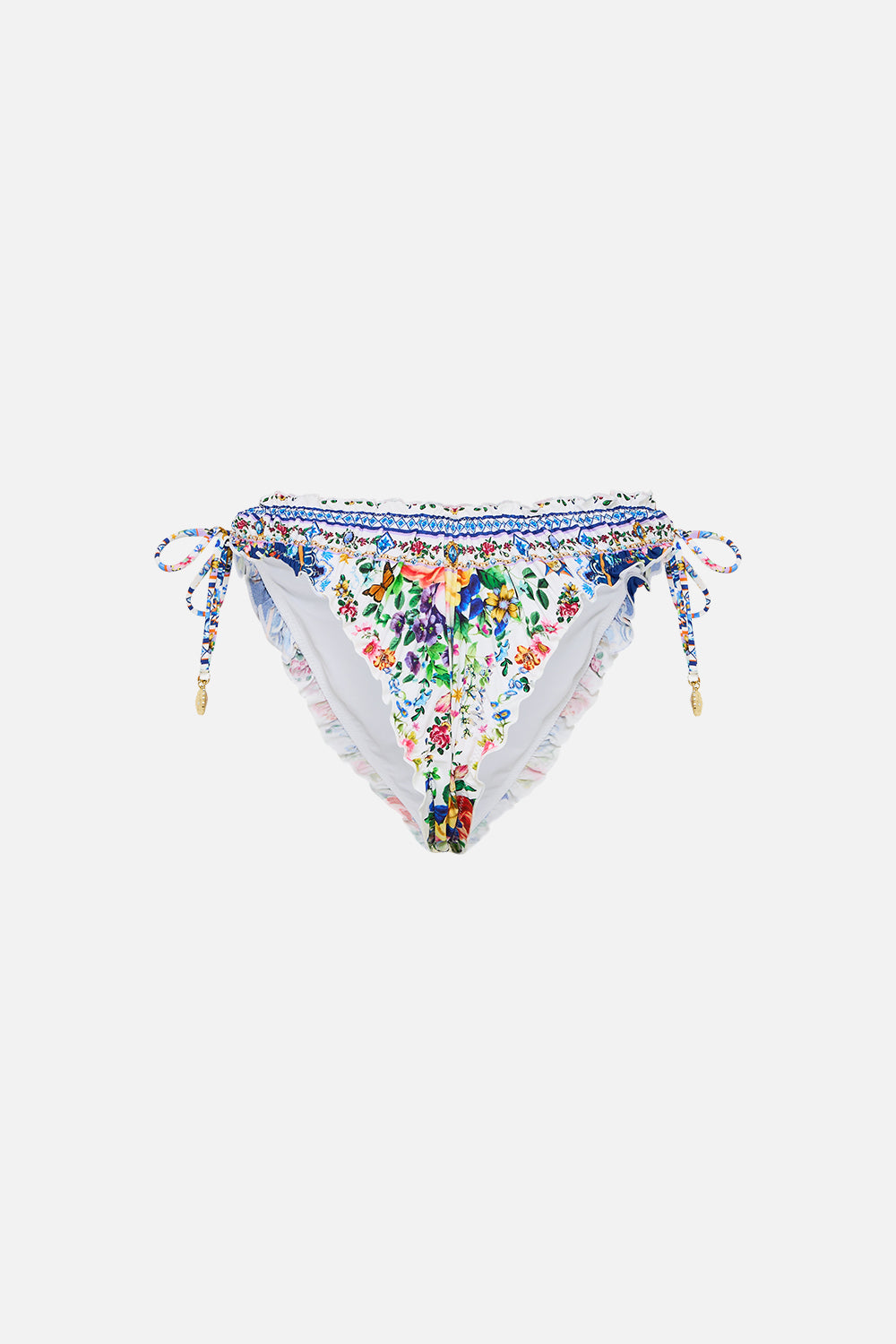 The CAMILLA Ruched Skimpy Bikini Bottom With Tie Sides in our Tiles Darls print.