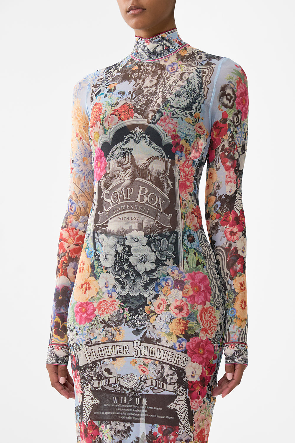 The CAMILLA Turtle Neck Mesh Dress in our Flower Showers print.