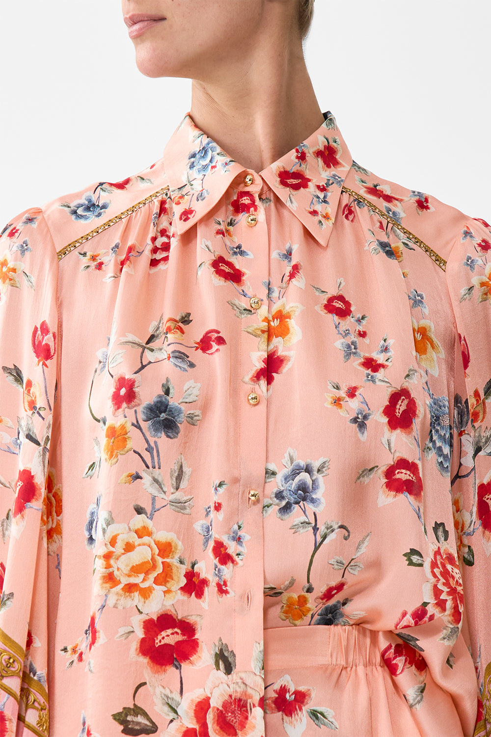 The CAMILLA Button Through Blouson Sleeve Blouse in our Majestic Milla print.