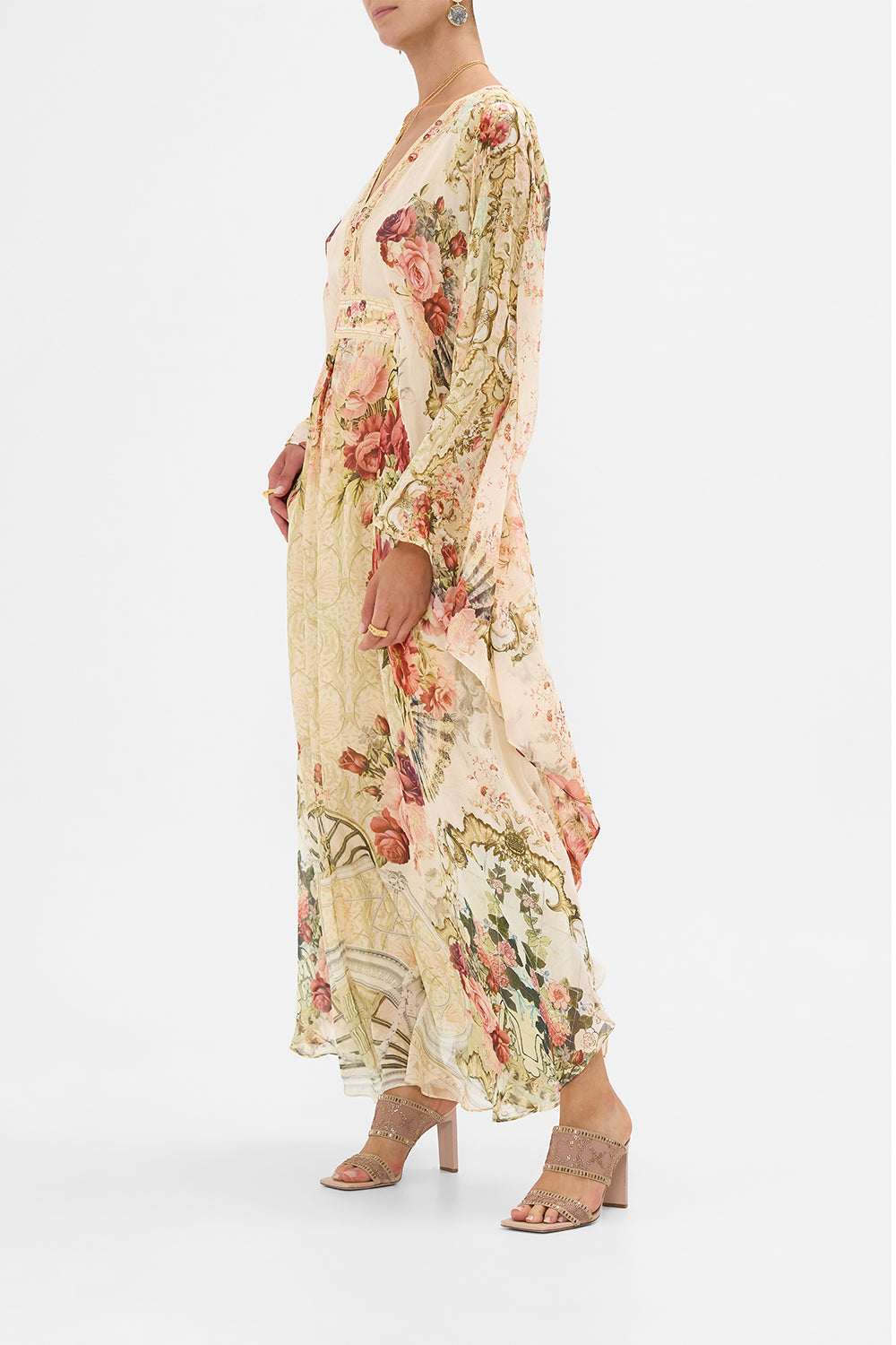 The CAMILLA Long Kaftan With Waist Detail in our Meet Me At The Majestic print.